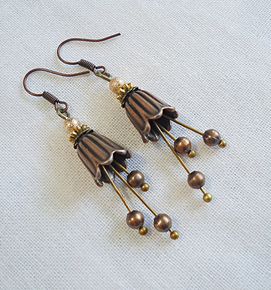 Copper Flower Drop Earrings, 1 3/8" Dangle