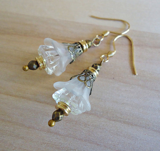 Flower Earrings, Clear, White, Gold, Antique Bronze, Vintage Boho, Stainless Steel Earwire, Wedding, Bridesmaid