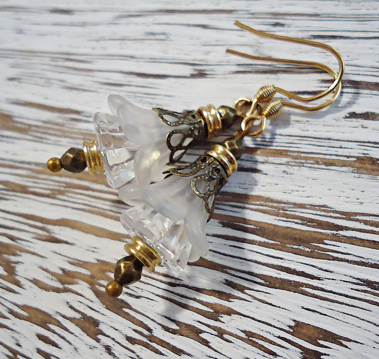 Flower Earrings, Clear, White, Gold, Antique Bronze, Vintage Boho, Stainless Steel Earwire, Wedding, Bridesmaid