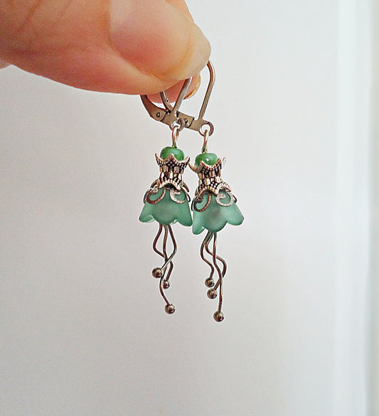 SeaFoam Green Flower Earrings, Tulip Flowers, Silver, Hypoallergenic Stainless Steel Leverbacks