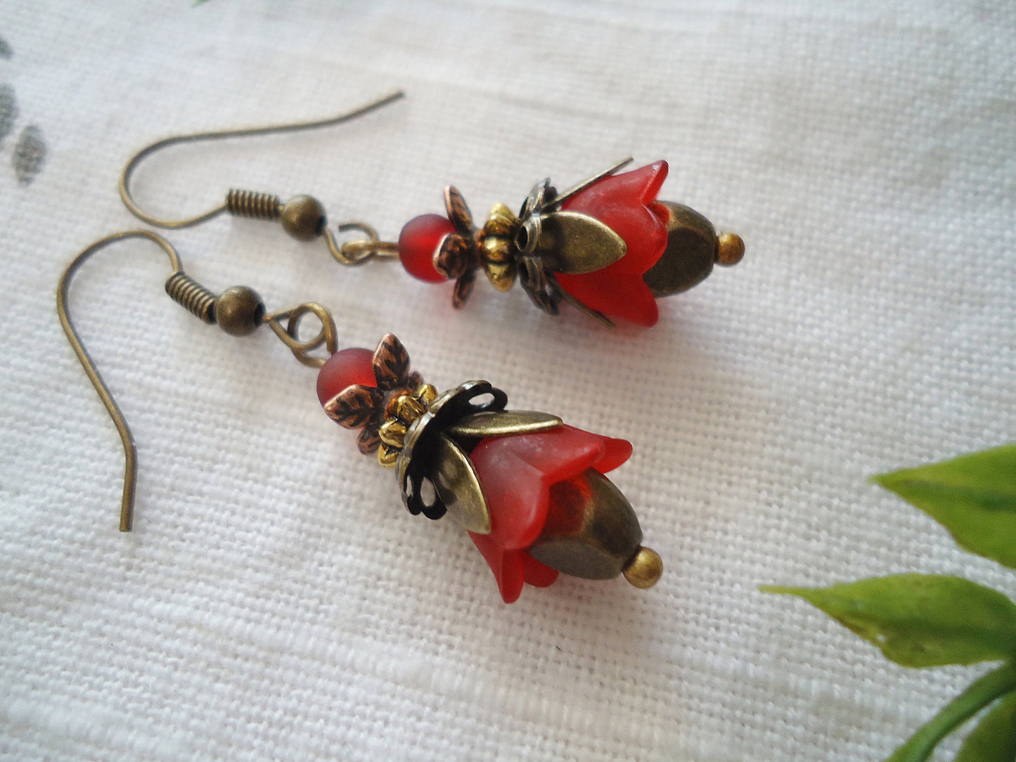 Dark Red and Bronze Flower Earrings, Simple or Layered Earrings