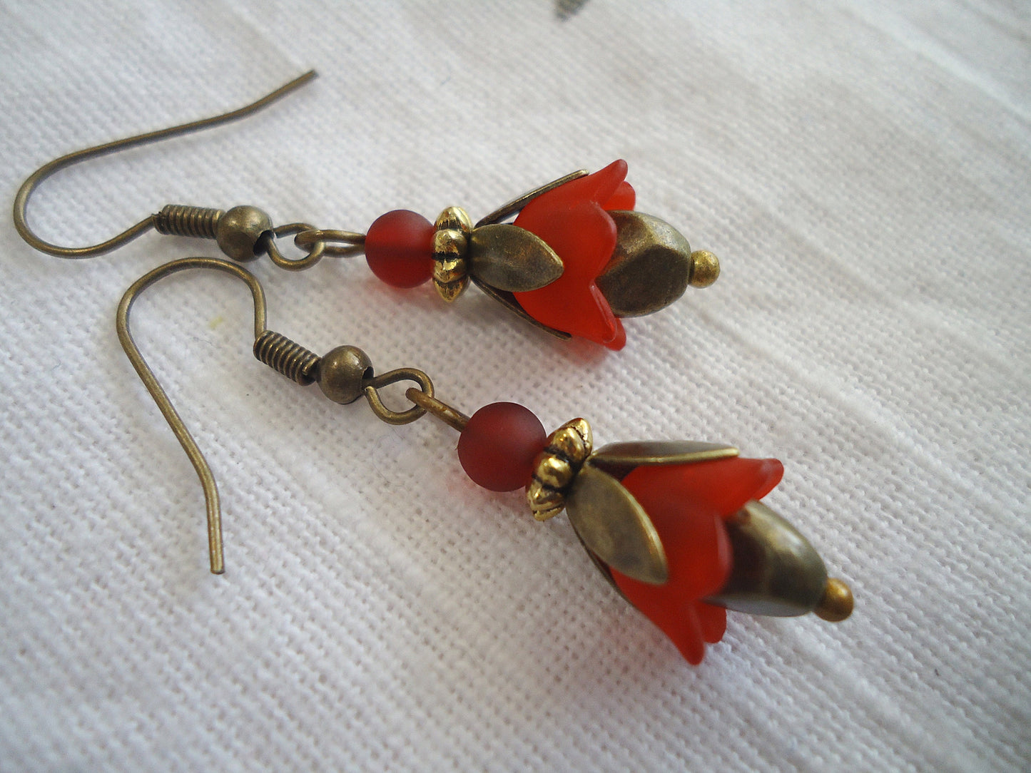 Dark Red and Bronze Flower Earrings, Simple or Layered Earrings