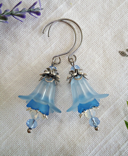 Light Blue Flower Earrings, Silver Stainless Steel Round Earwire