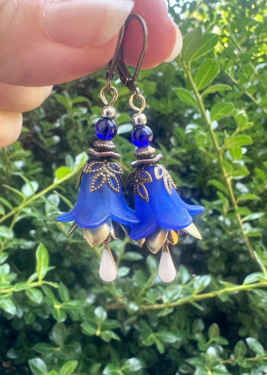 Blue Bell Flower Earrings, Royal Blue, White, Bronze, Gold, 1.5" Dangle