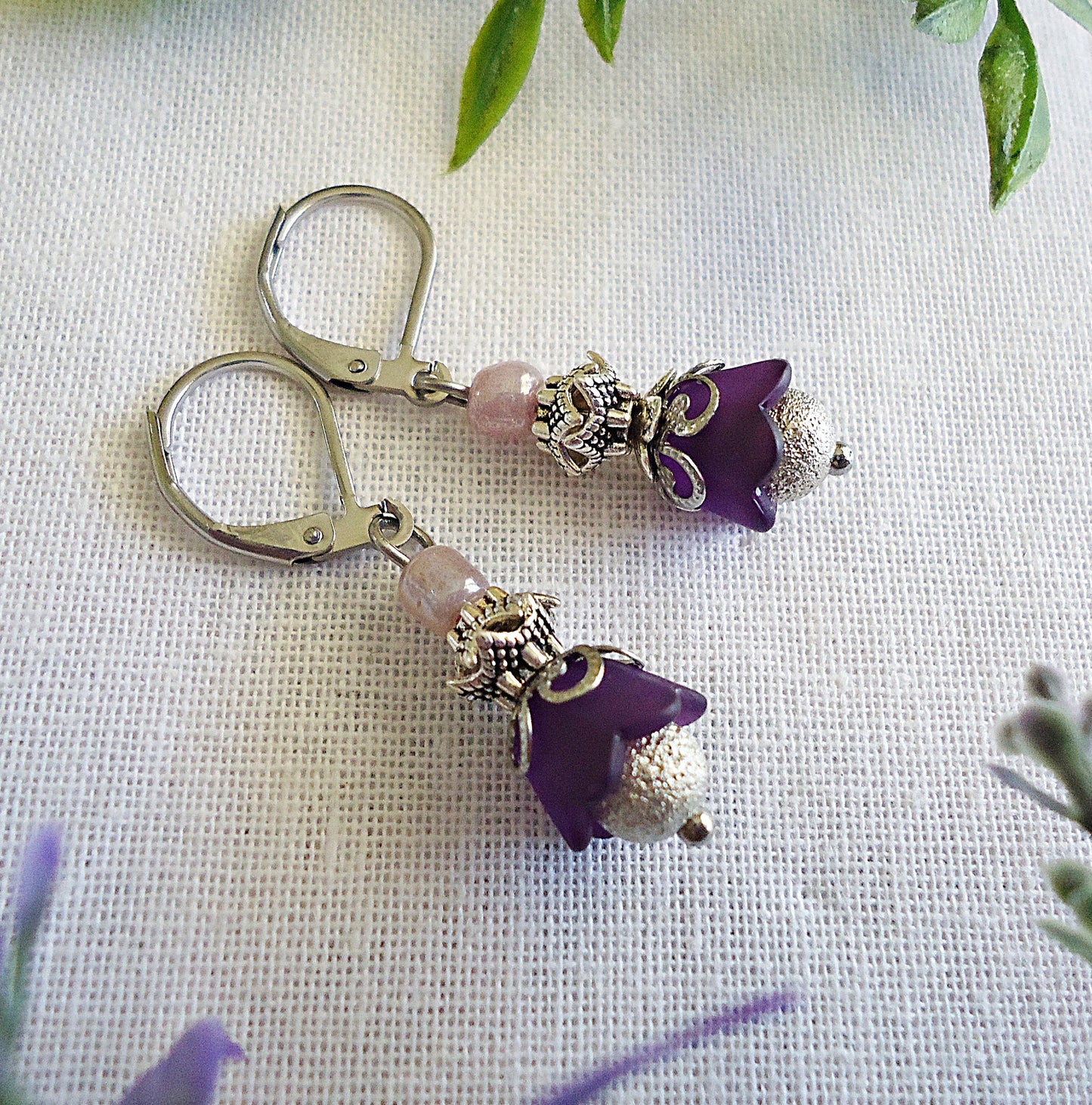 Dark Purple Flower Earrings, Tulip Earrings, Glass, Stainless Steel Leverback Earwire