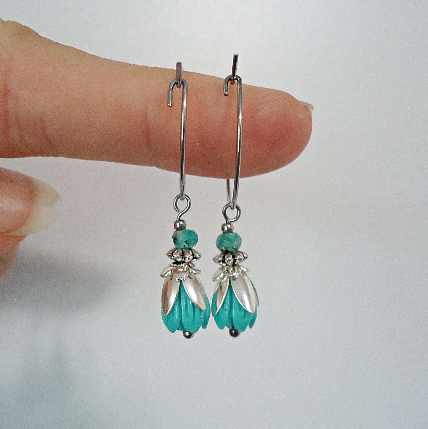 Small Turquoise Tulip Flower Earrings, Stainless Steel Hoops, Silver and Turquoise Blue Earrings
