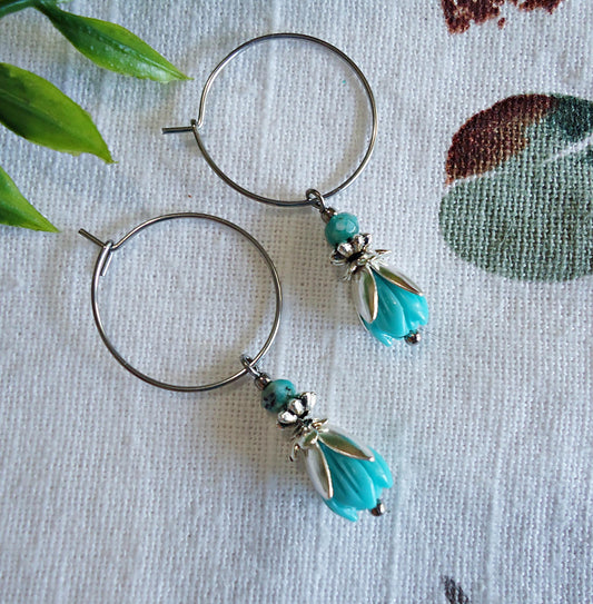 Small Turquoise Tulip Flower Earrings, Stainless Steel Hoops, Silver and Turquoise Blue Earrings