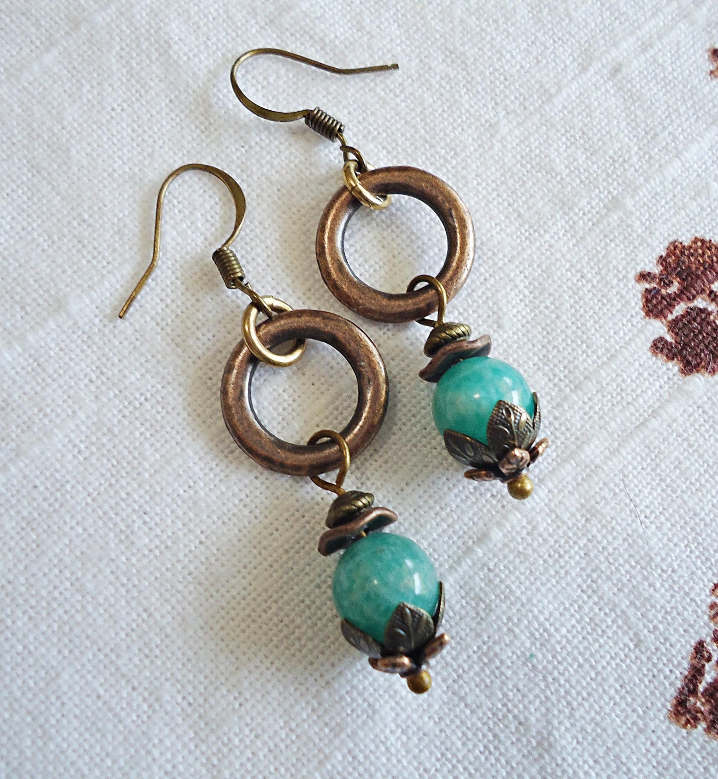 Green Amazonite Stone, Copper and Bronze Earrings, 1.25" Dangle
