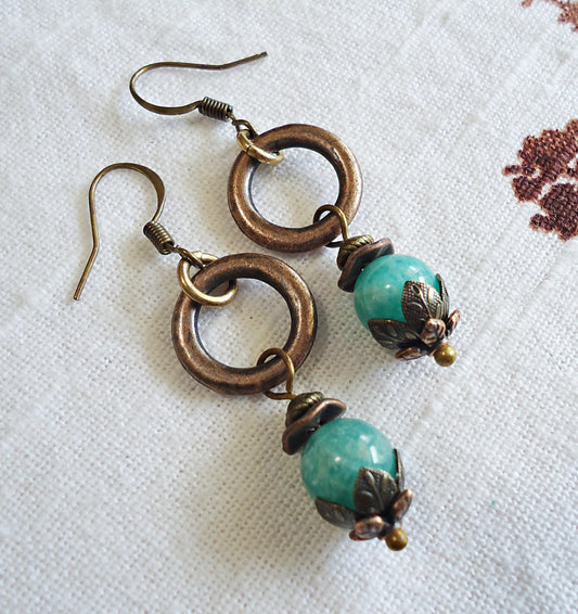Green Amazonite Stone, Copper and Bronze Earrings, 1.25" Dangle