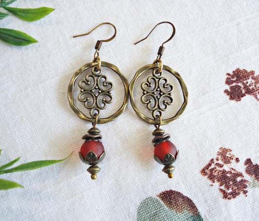 Dark Red and Antique Bronze Earrings, Vintage Flair, Boho