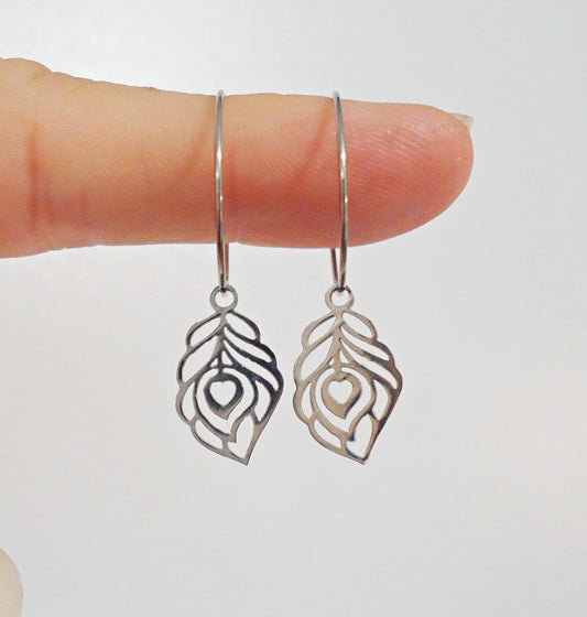 CORE ESSENTIALS - Stainless Steel Earrings, Silver Peacock Feathers