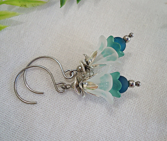 Ombre Flower Earrings, Seafoam Green, Stainless Steel Earwire, Green Blue White Silver Frosted Flowers, 1" Dangle