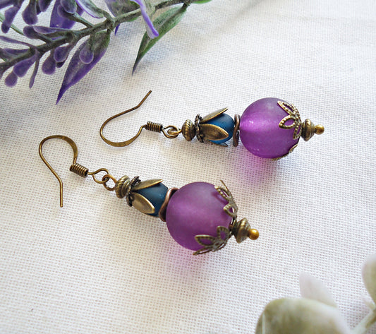 Frosted Purple Earrings, Antique Bronze, 1" Dangle, Plum