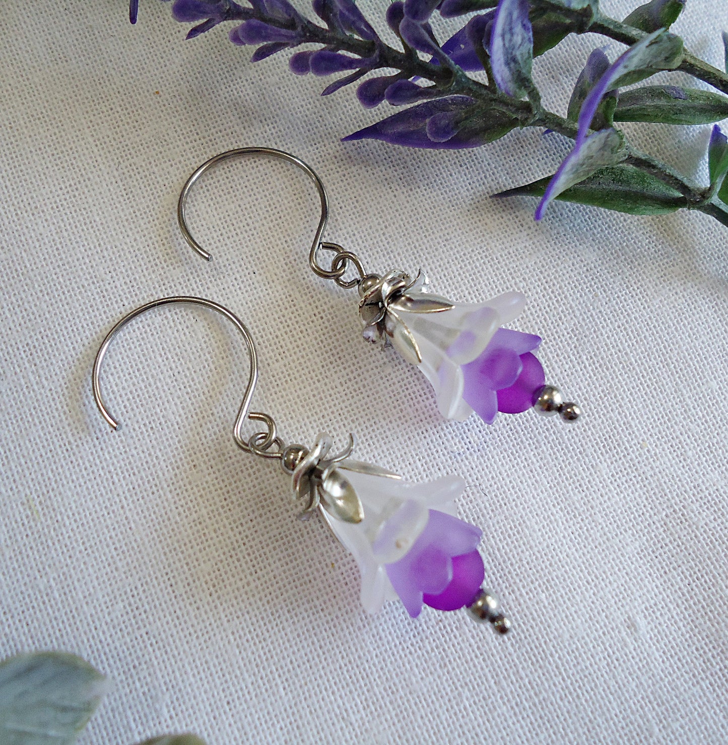Ombre Flower Earrings, Violet Purple, Stainless Steel Earwire, Purple White Silver Frosted Flowers, 1" Dangle