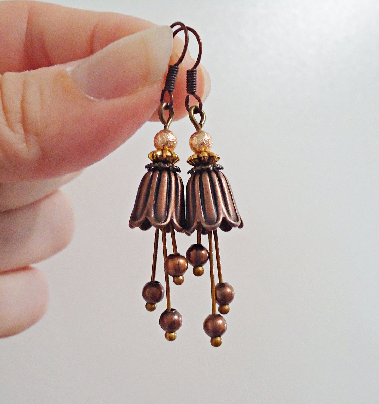 Copper Flower Drop Earrings, 1 3/8" Dangle