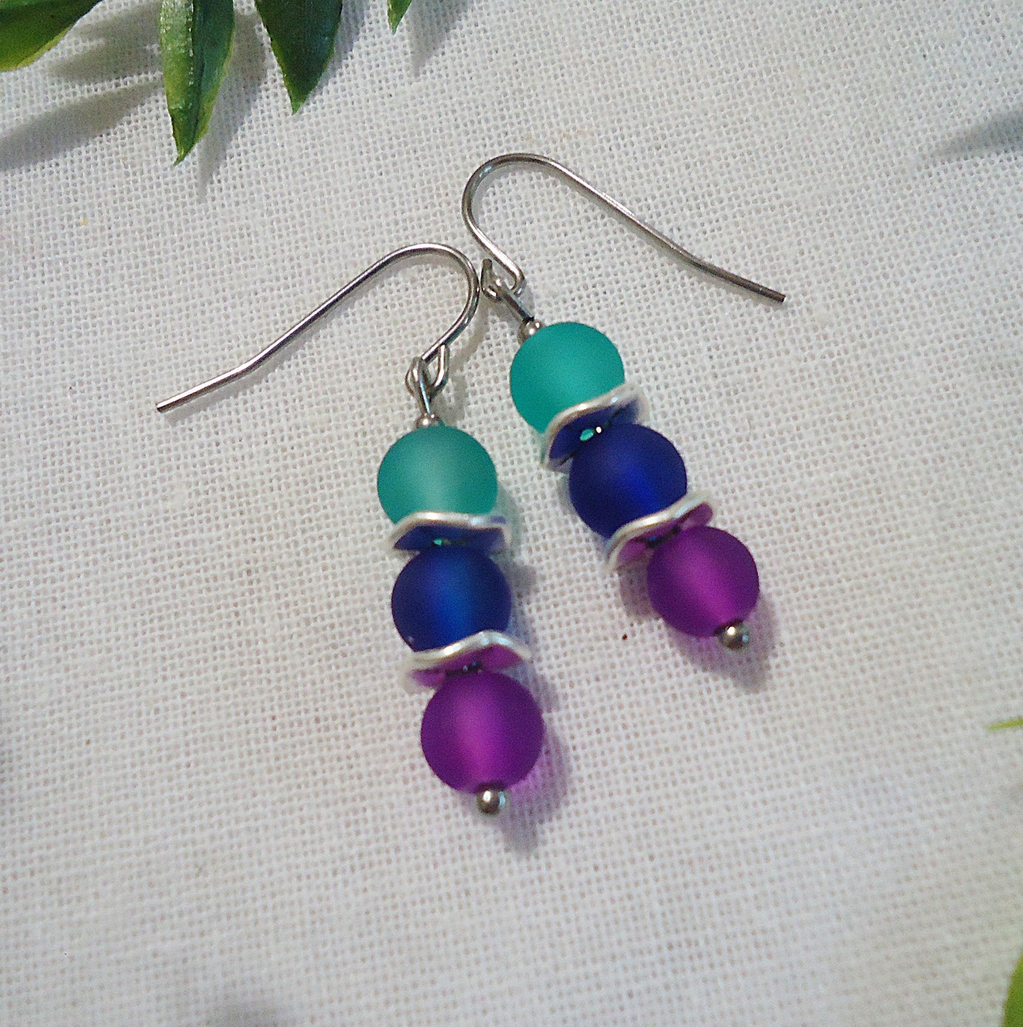 Frosted Glass Earrings, Colorful, Purple, Royal Blue, Teal Green, Simple Beach Glass Earrings