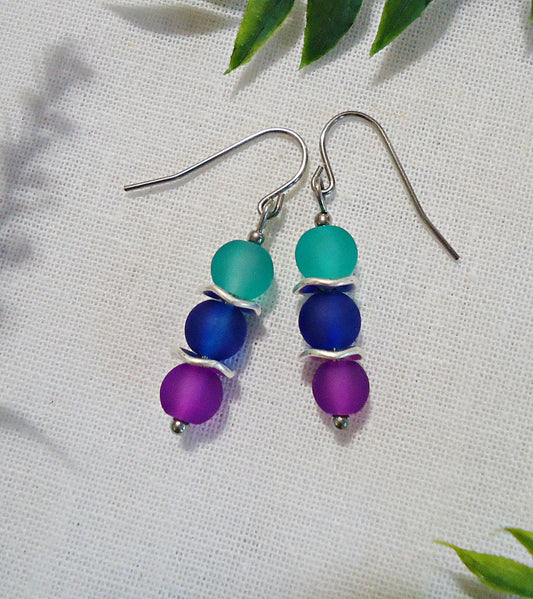 Frosted Glass Earrings, Colorful, Purple, Royal Blue, Teal Green, Simple Beach Glass Earrings