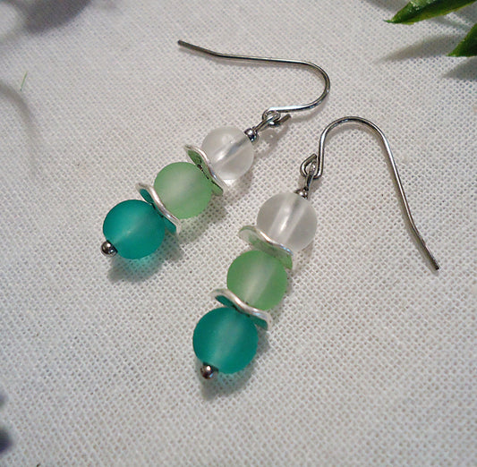 Frosted Sea Glass Earrings, Pale Green Silver
