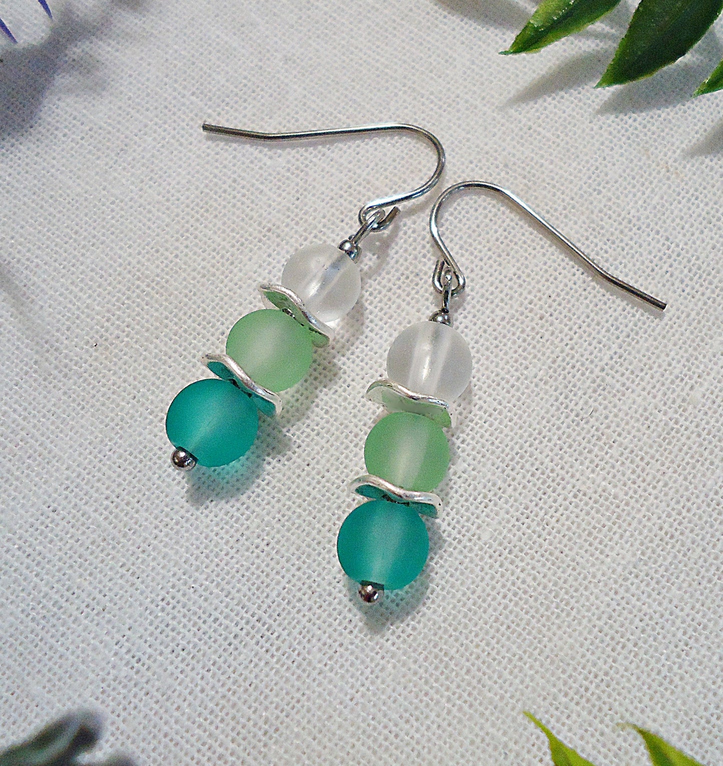 Frosted Sea Glass Earrings, Pale Green Silver