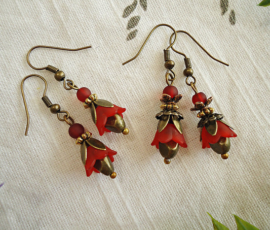 Dark Red and Bronze Flower Earrings, Simple or Layered Earrings