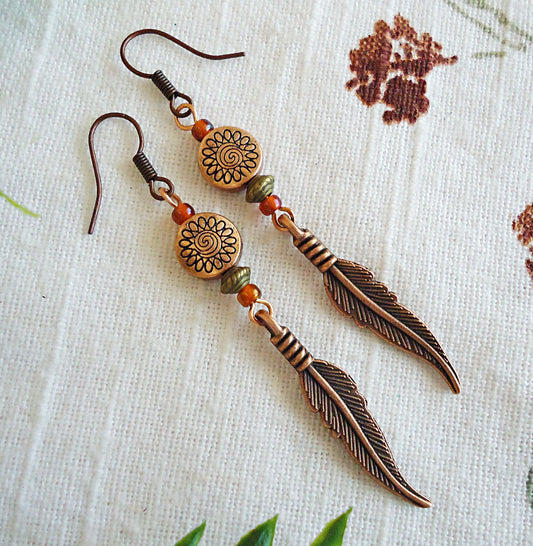 Red Copper Feather Earrings, 2" Dangle, Southwest Style, Long Skinny Earrings