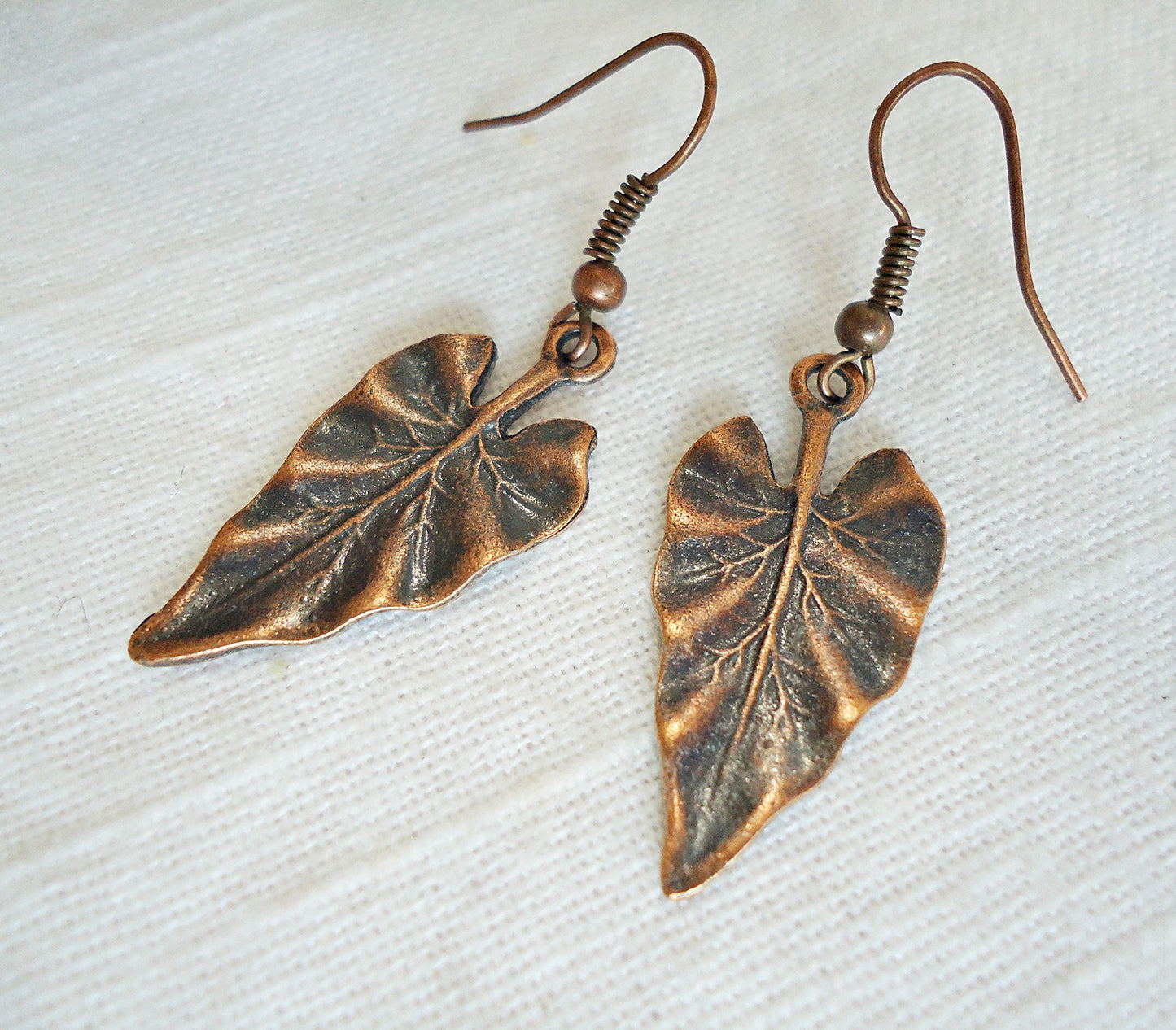 Textured Leaf Earrings, Antique Copper, 1" Dangle, Boho, Minimalist