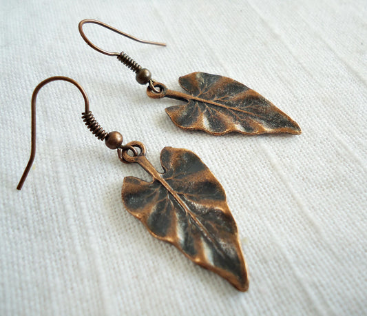 Textured Leaf Earrings, Antique Copper, 1" Dangle, Boho, Minimalist