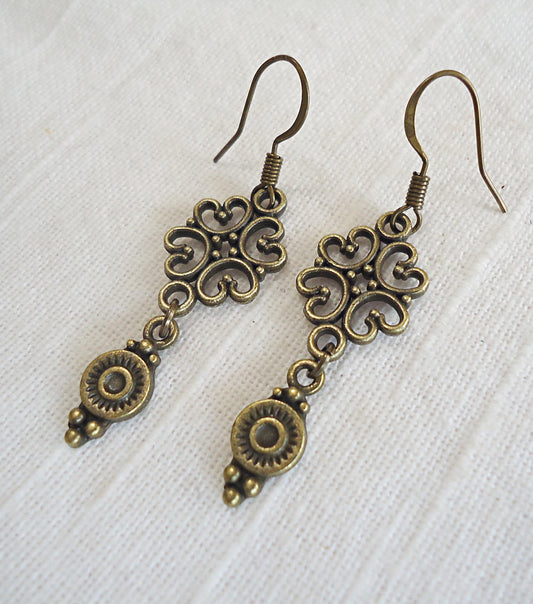 Antique Bronze Dangle Earrings, Vintage Flair, 1 3/8" Dangle