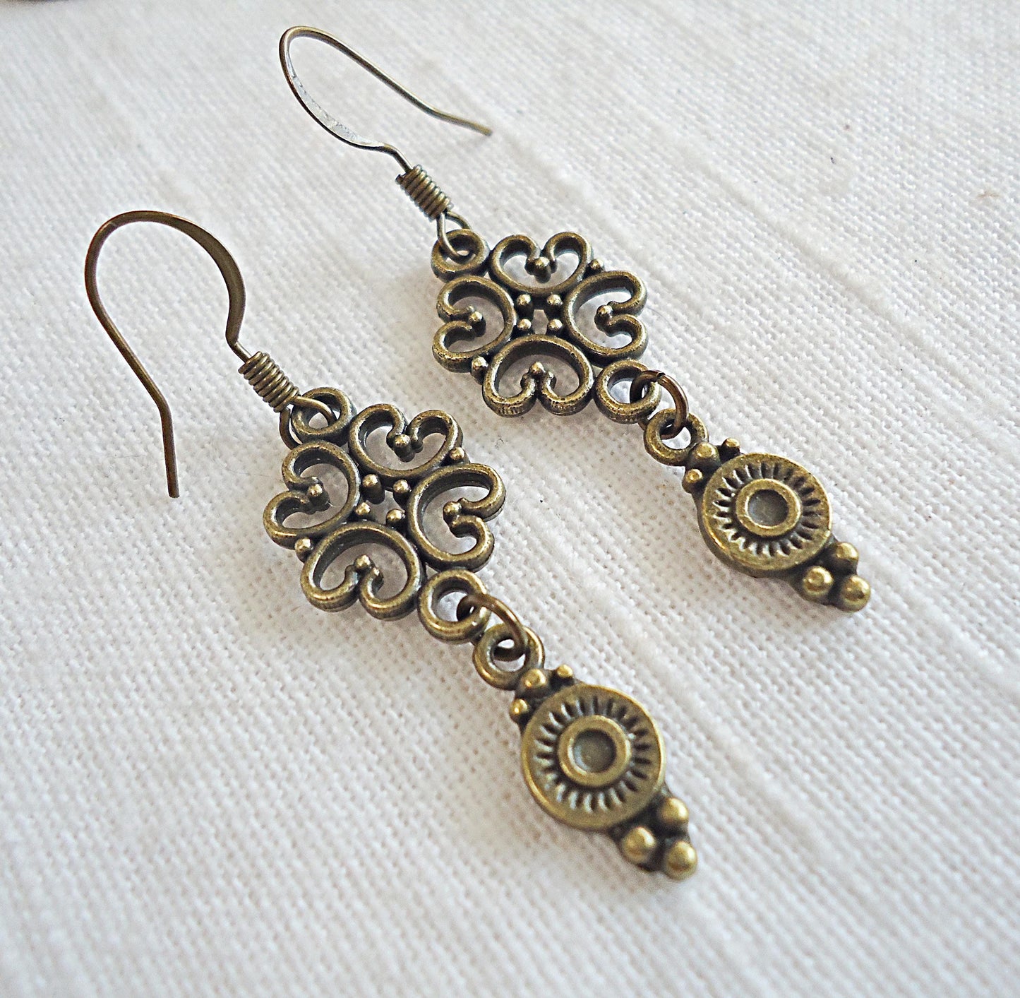 Antique Bronze Dangle Earrings, Vintage Flair, 1 3/8" Dangle