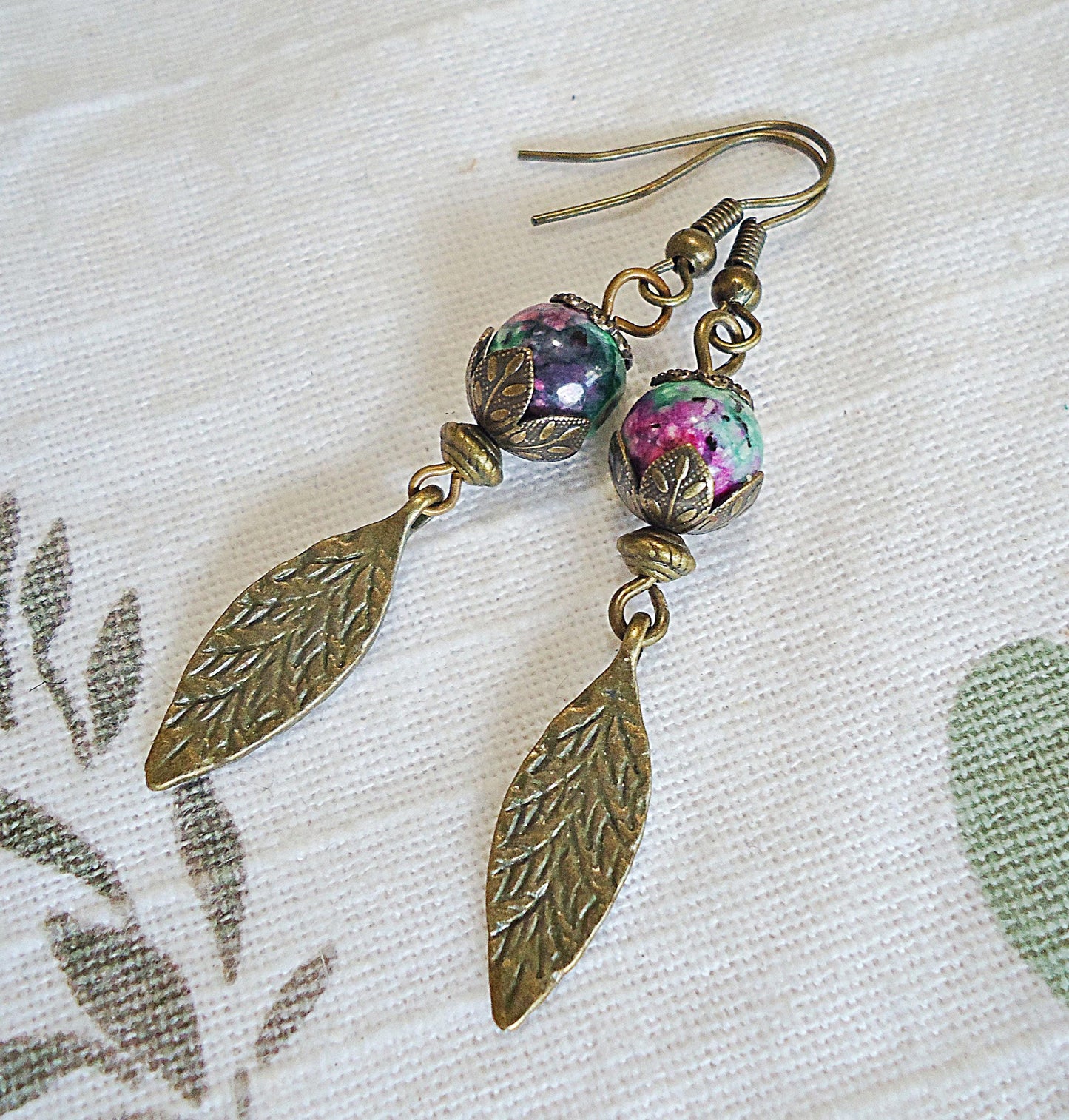 Ruby Zoisite Earrings, Antique Bronze Leaves, 1.5" Dangle