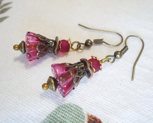 Dark Purple, Glass Flower Earrings, Antique Bronze, 3/4" Dangle