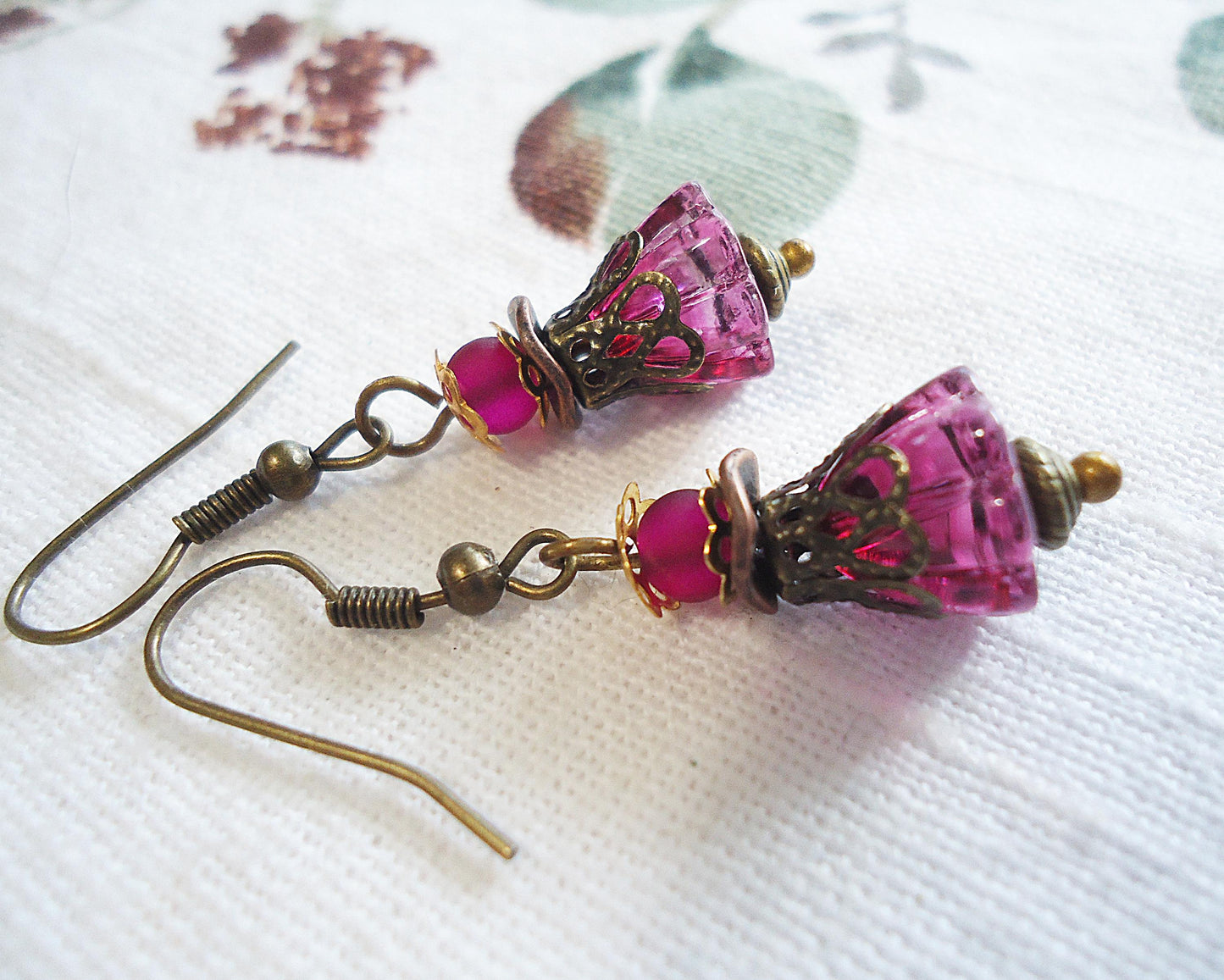 Dark Purple, Glass Flower Earrings, Antique Bronze, 3/4" Dangle
