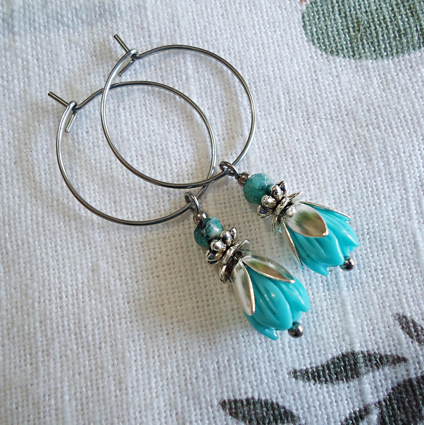Small Turquoise Tulip Flower Earrings, Stainless Steel Hoops, Silver and Turquoise Blue Earrings