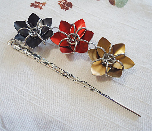 Metal Hair Stick - Three Flowers - Black, Red, and Bronze - Antique Silver Hair Stick with Wrapping Vines