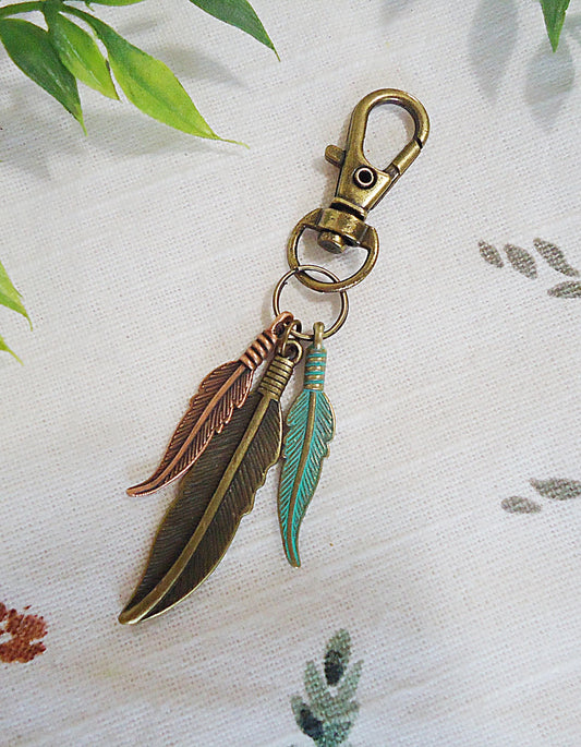 Bag Charm, Purse Charm, Keychain, 3 Feathers, Boho, Bronze, Copper, Green Patina, 3.25"