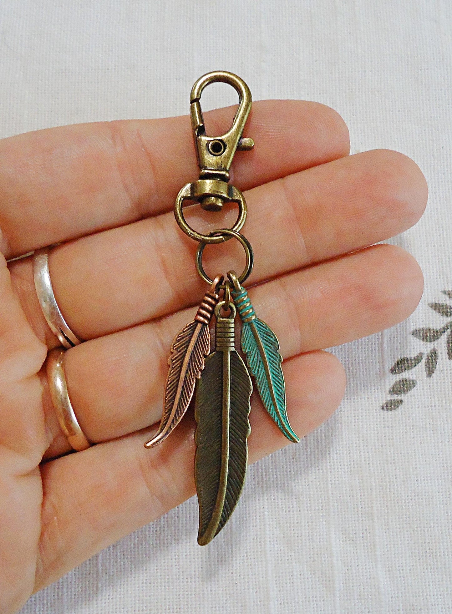 Bag Charm, Purse Charm, Keychain, 3 Feathers, Boho, Bronze, Copper, Green Patina, 3.25"