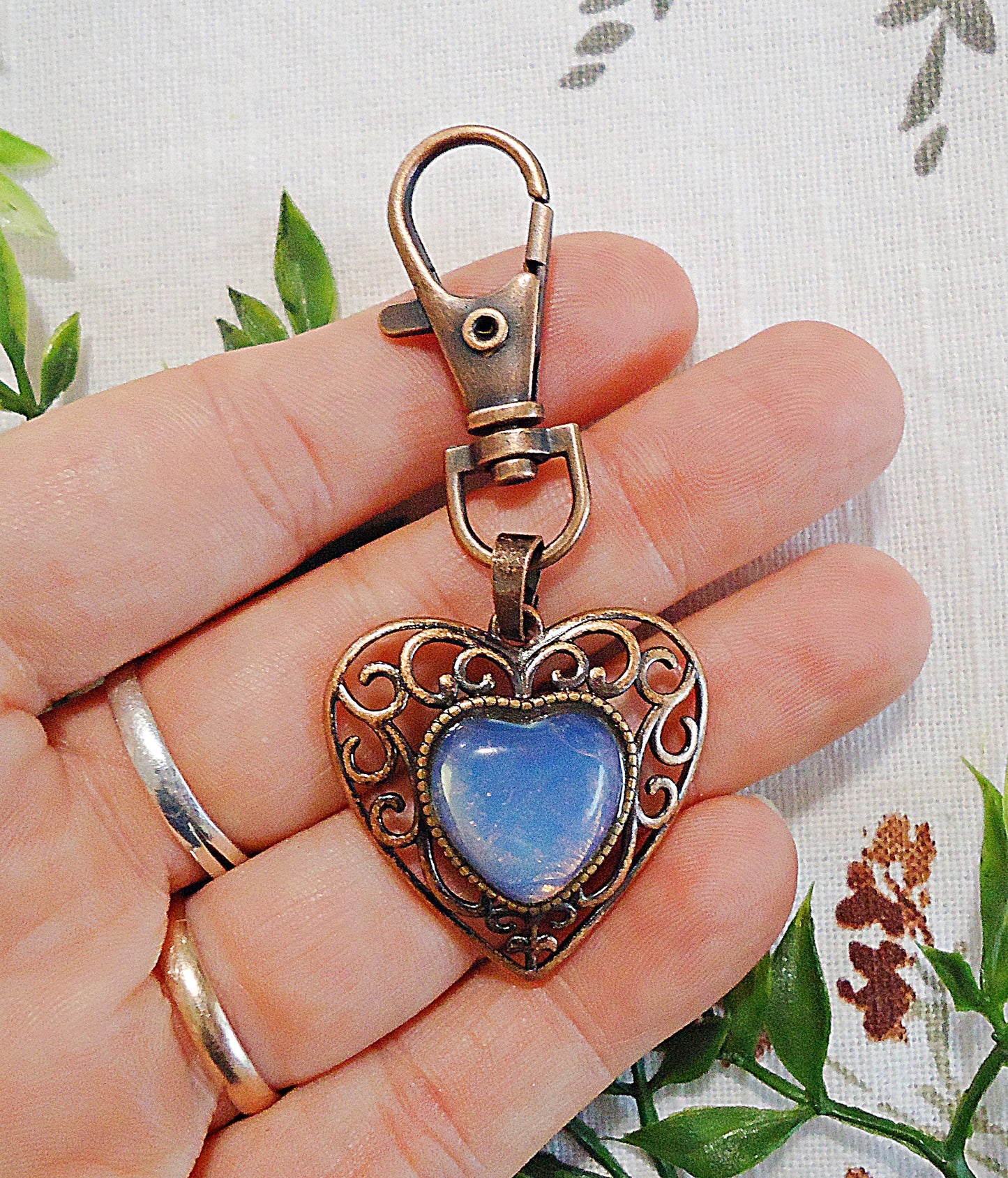 Antique Copper and Opal Filigree Heart Bag Charm, Purse Charm, Zipper Pull, Keychain, Swivel Clasp