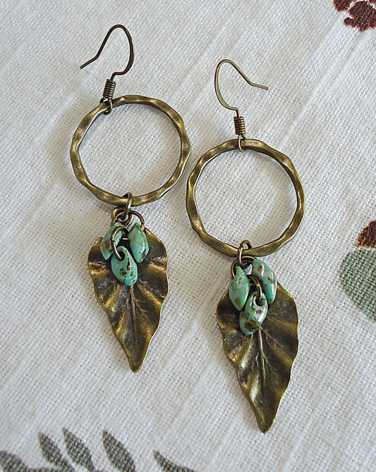 Picasso Turquoise and Antique Bronze Leaf Earrings, 2" Dangle, Hammered, Textured, Detailed
