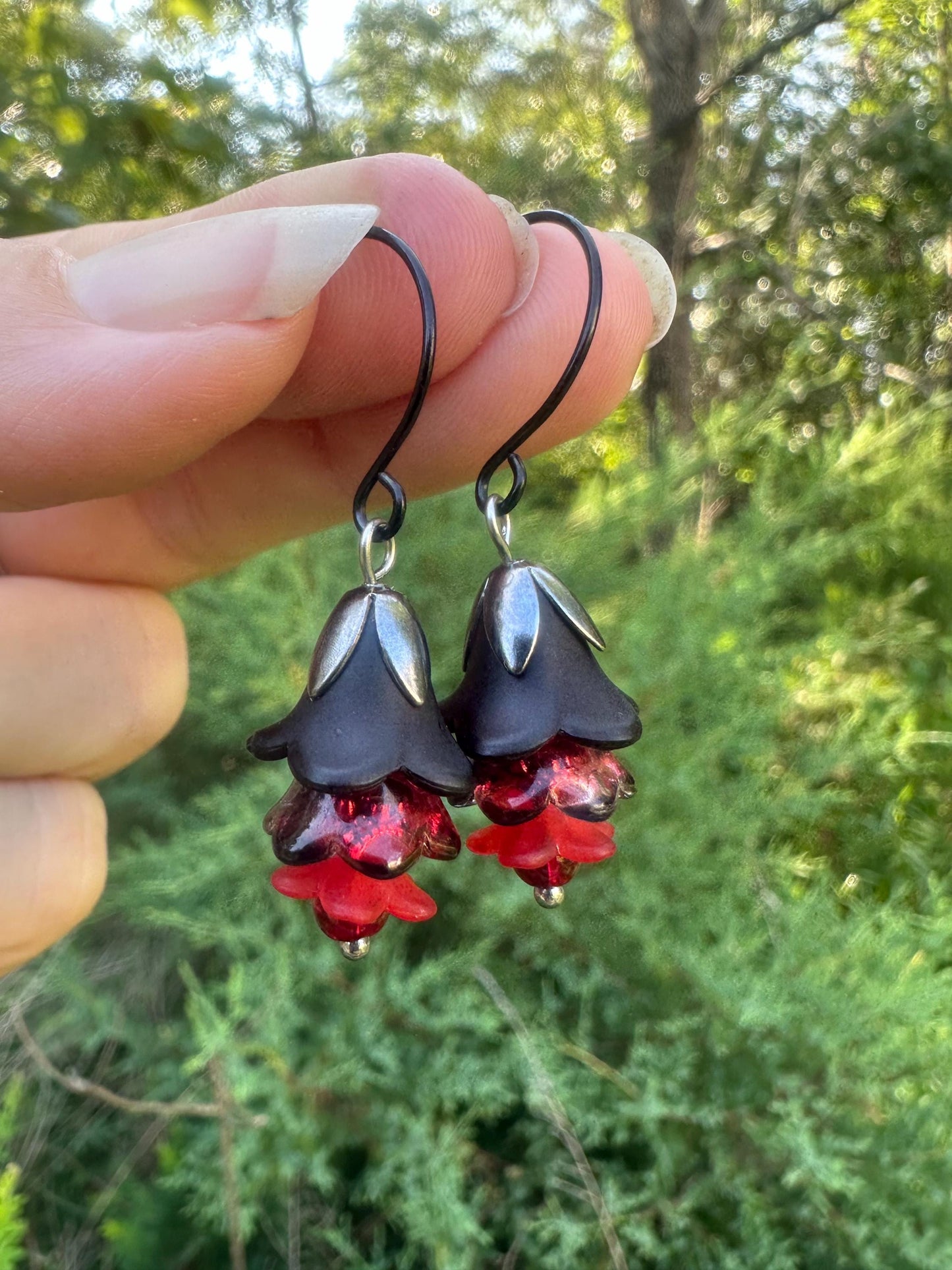 Black and Red Flower Earrings, Round Stainless Steel Earwire, Lily of the Valley, Tulip, Trumpet Flower, 1" Dangle