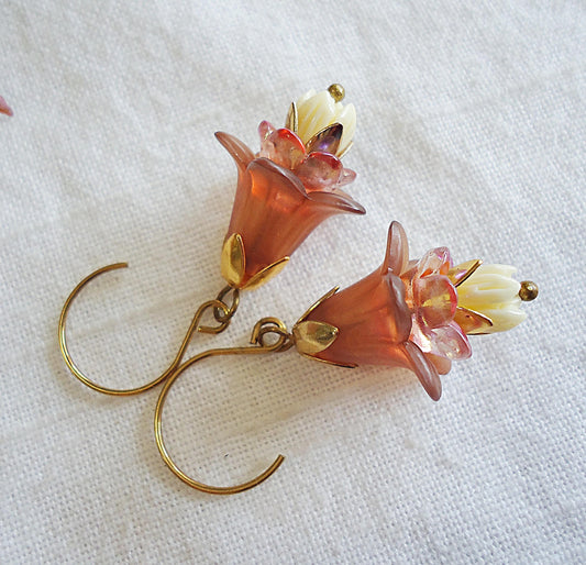 Champagne and Gold Tulip Flower Earrings, Lily of the Valley, Light Brown White Gold