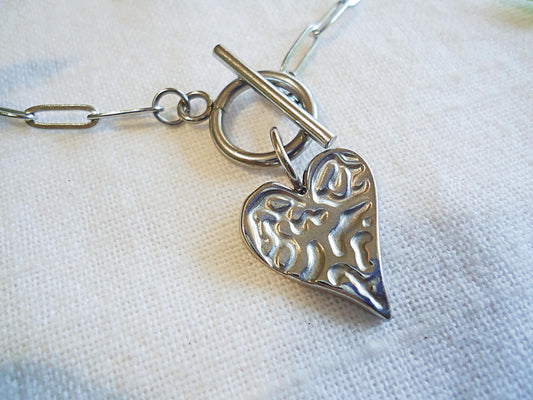 Front Toggle Clasp Necklace, Stainless Steel, Silver, Hammered Heart, Choker