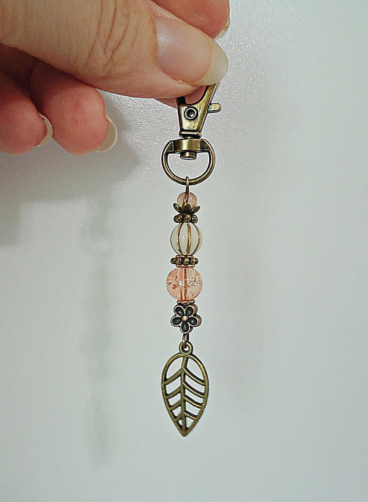 Bag Charm, Purse Charm, Key chain, Key Ring, Antique Bronze Leaf, Peach Crackle Glass, Swivel Clasp