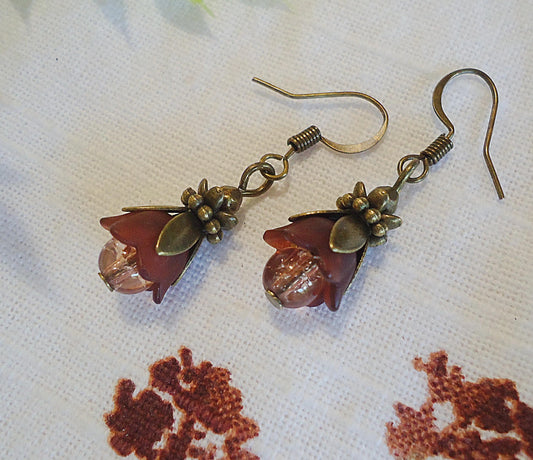 Small Flower Earrings, Antique Bronze, Wine, Plum, Chocolate, Brown, 3/4" Dangle