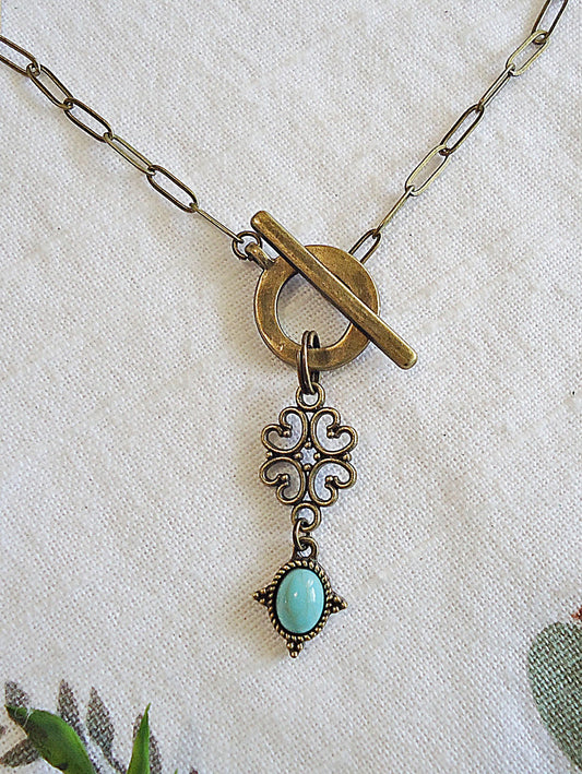 Turquoise Drop, Front Toggle Clasp Necklace, Antique Bronze, Paperclip Chain, Boho