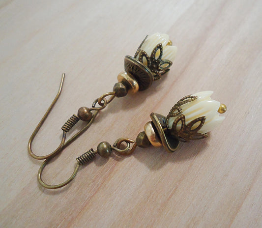 Short White Tulip Earrings, Antique Bronze, Off-white, 3/4" Dangle, Vintage