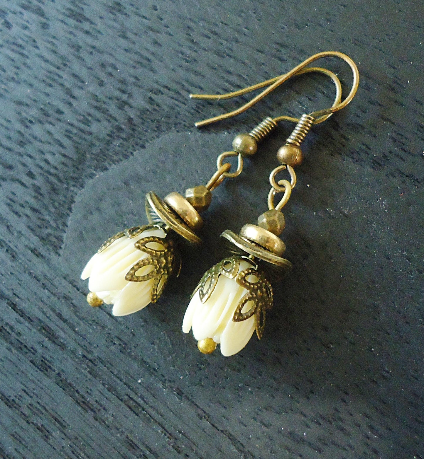 Short White Tulip Earrings, Antique Bronze, Off-white, 3/4" Dangle, Vintage