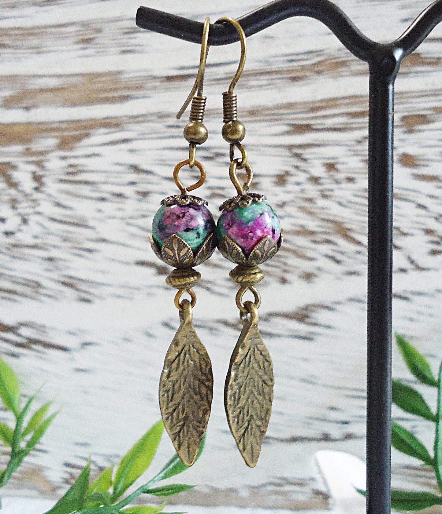 Ruby Zoisite Earrings, Antique Bronze Leaves, 1.5" Dangle