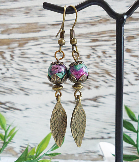 Ruby Zoisite Earrings, Antique Bronze Leaves, 1.5" Dangle