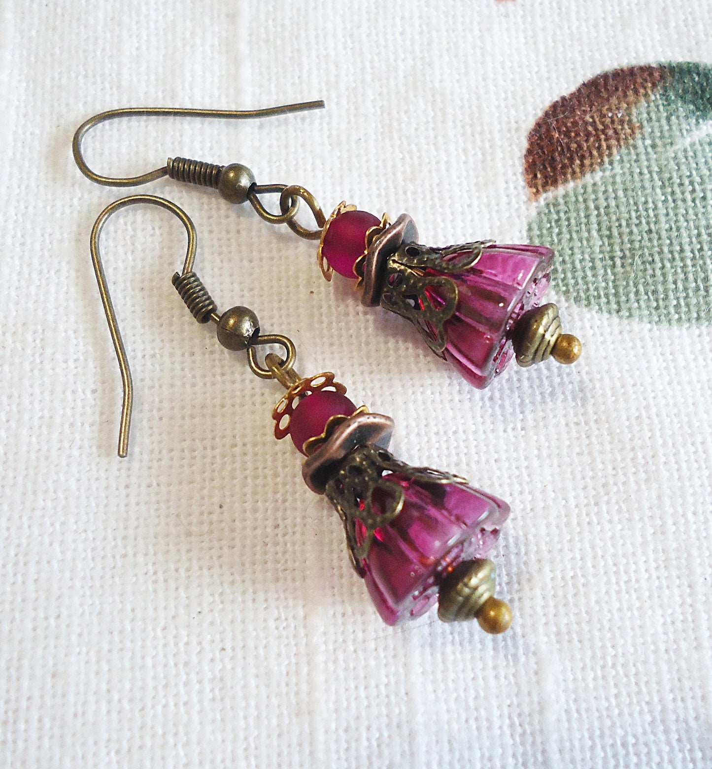 Dark Purple, Glass Flower Earrings, Antique Bronze, 3/4" Dangle