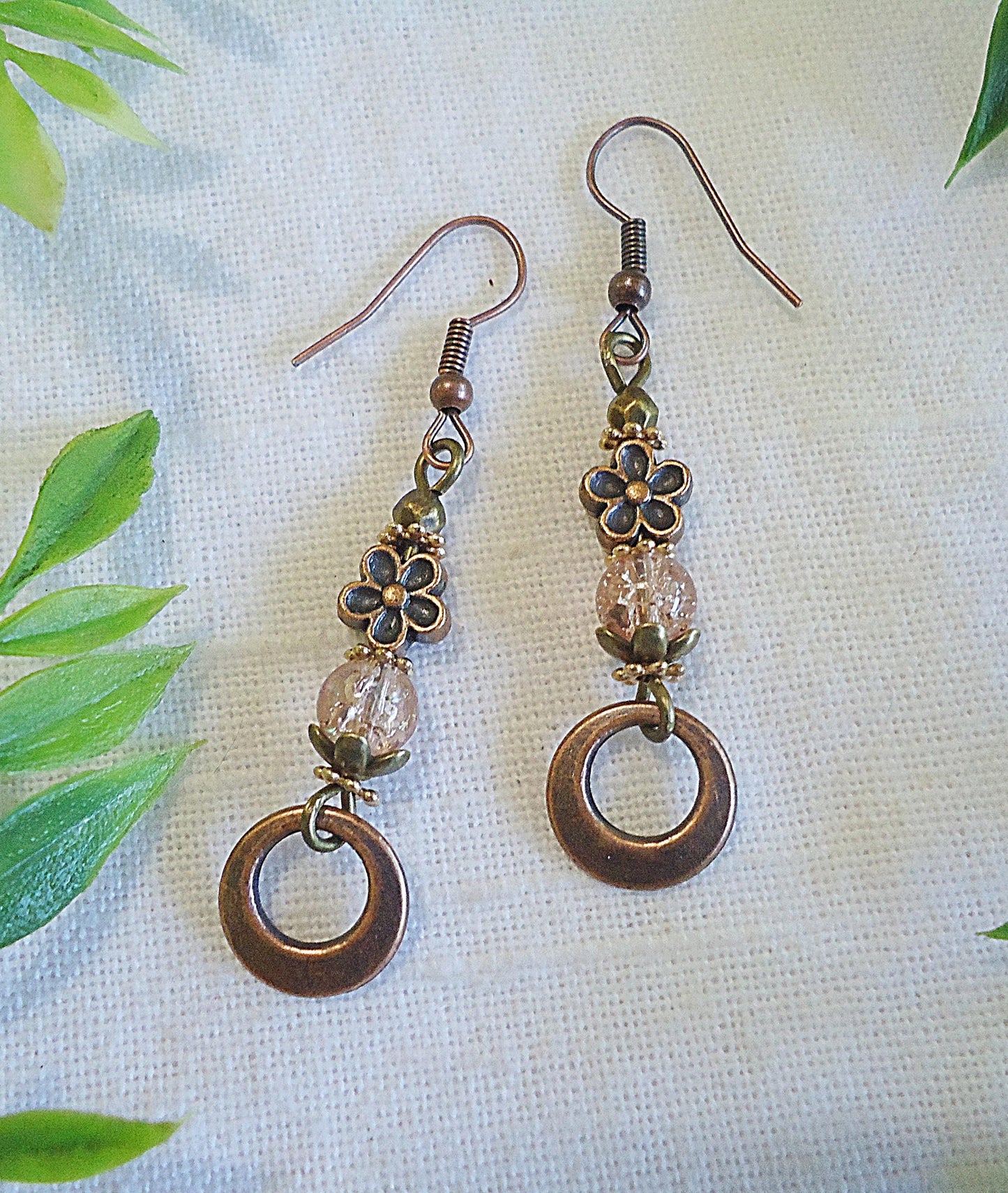 Antique Copper Dangle Earrings, Crackle Glass, Copper Flowers, Bronze, Rose Gold